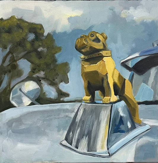 Hand painted oil on Canvas of the Mack Truck Bulldog hood ornament